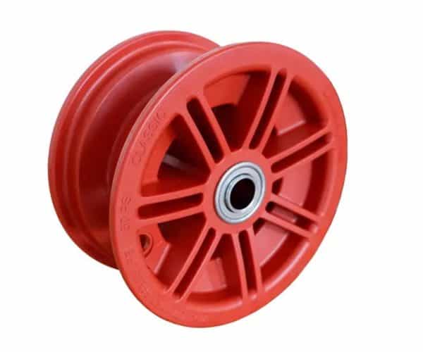 Red caster wheel ideal for automotive repair and exhaust systems.