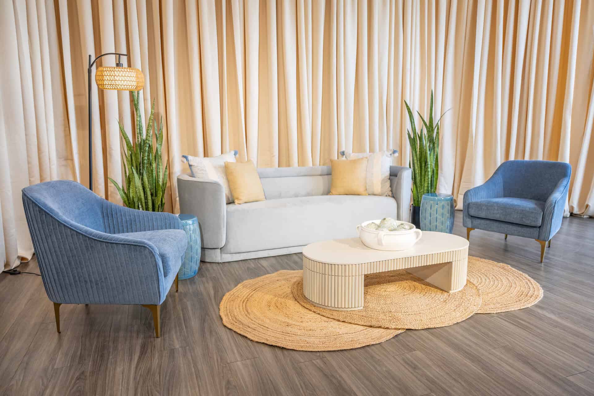 Furniture_Event Rentals_Sea Blue Sofa_Blue Arm Chairs_Event Design_Soft Seating