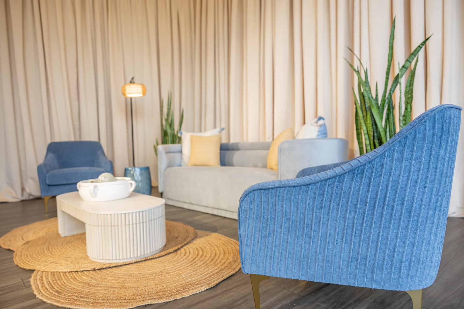Furniture_Event Rentals_Sea Blue Sofa_Blue Arm Chairs_Event Design_Soft Seating
