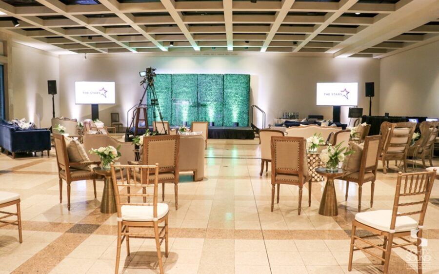 Gold-Chairs-And-Greenery-Wall-AV-Equipment-Rental