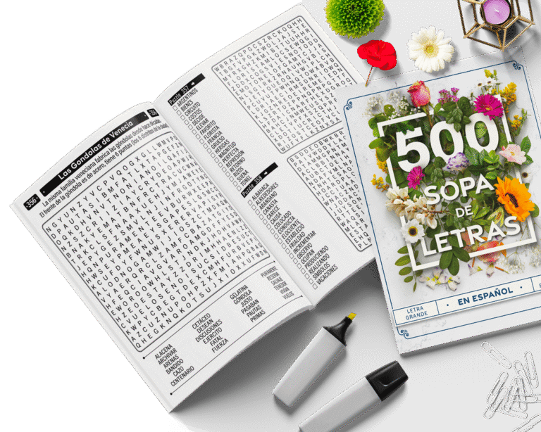 Libro de sopa de letras abierto con interior y portada