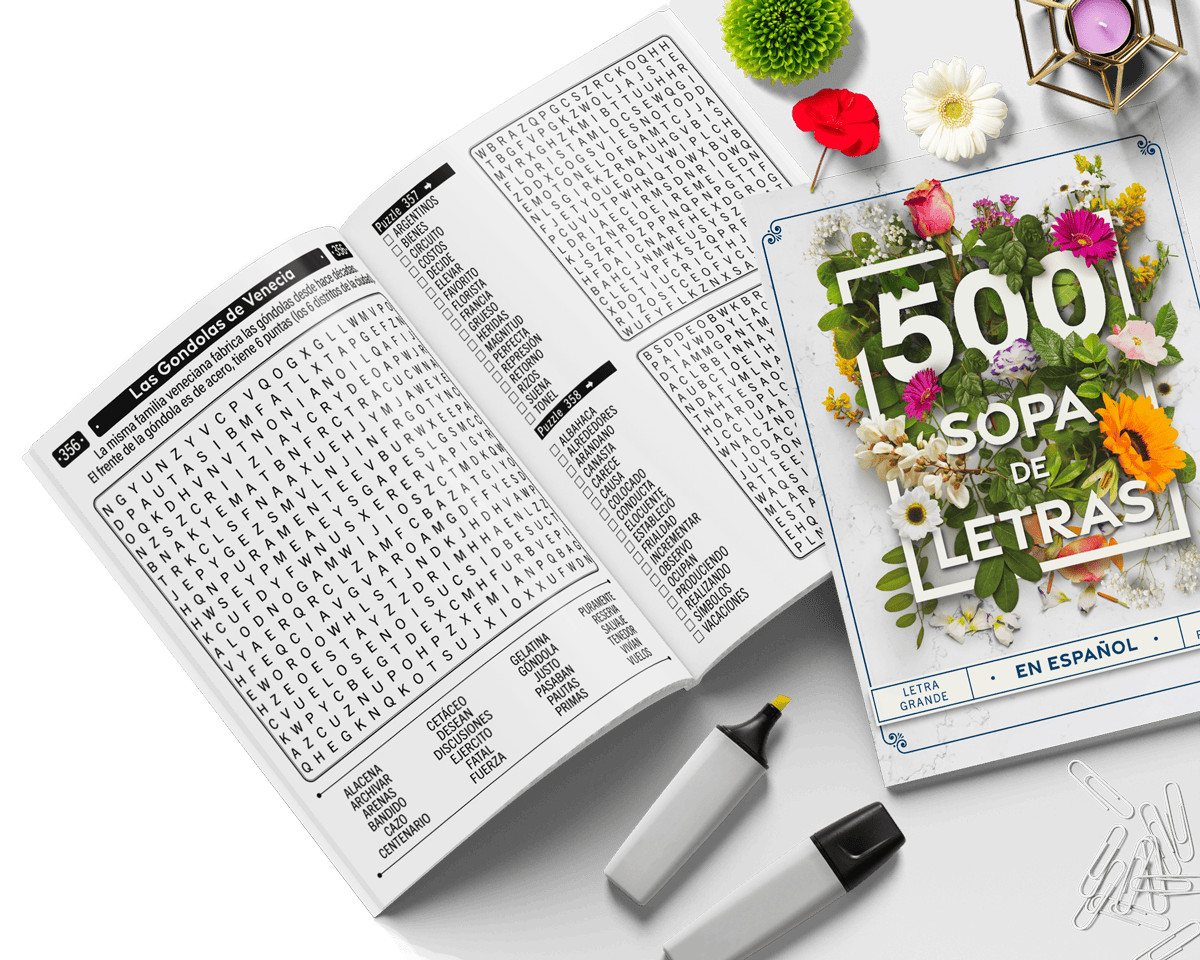Libro de sopa de letras abierto con interior y portada