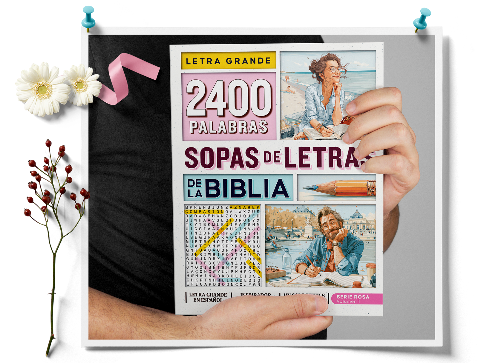 Hombre sosteniendo portada de libro de sopas de letras de la biblia