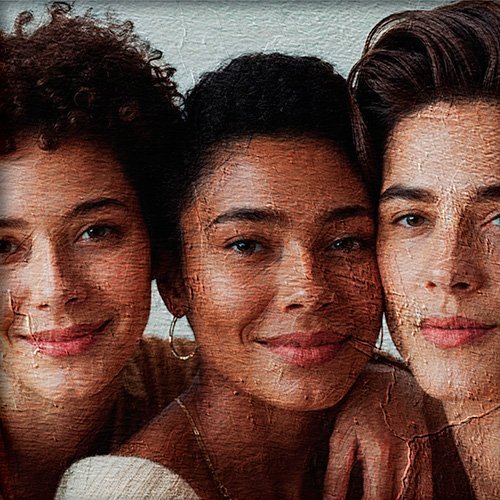 Pintura de tres personas que comparten amistad