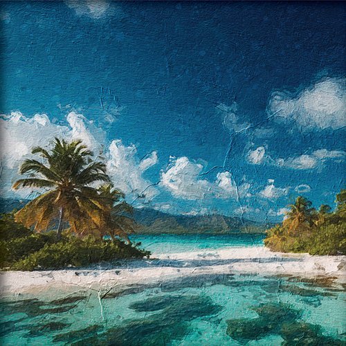 Isla desierta con palmeras y agua turquesa