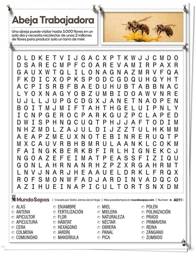 Sopa de Letras para Adultos la Abeja Trabajadora