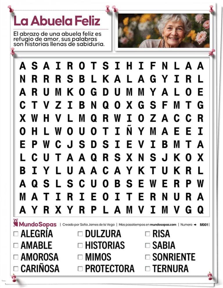 Sopa de Letras con letra grande para personas mayores para imprimir. El tema de la sopa de letras es un homenaje a nuestras abuelas.