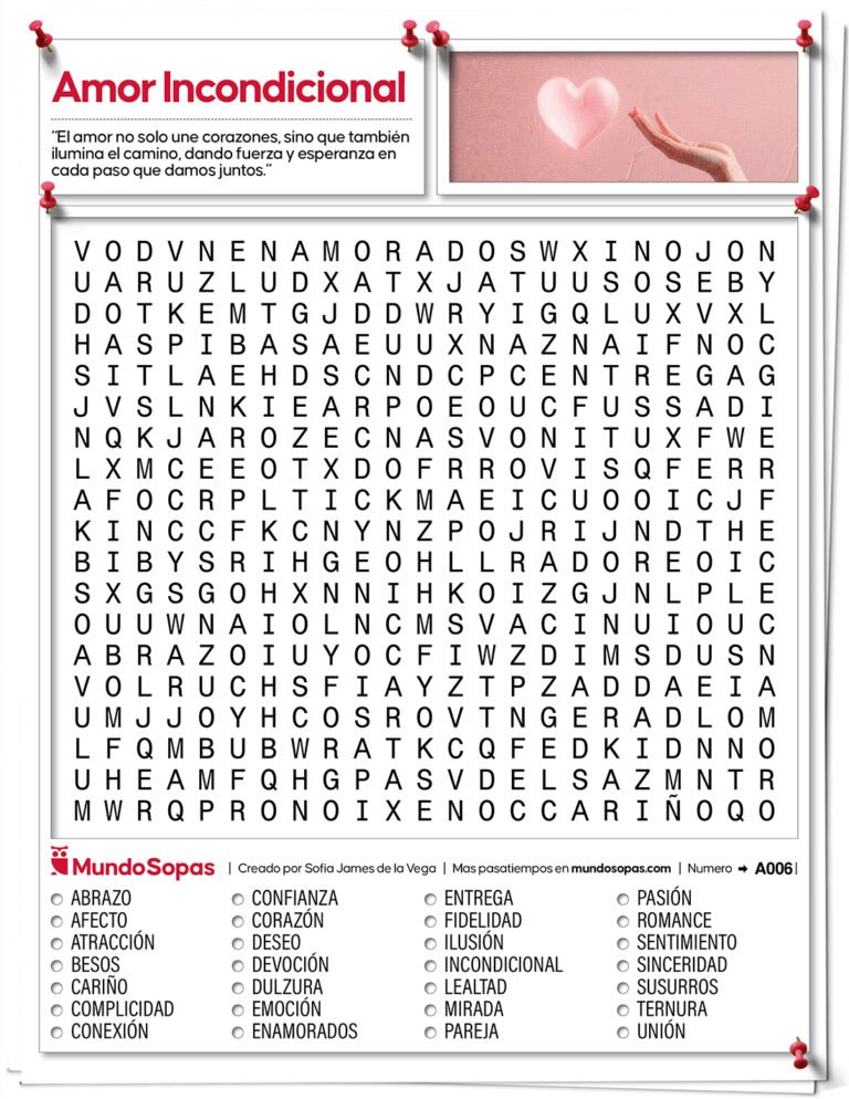 Sopa de Letras de Amor para imprimir con palabras para buscar como cariño, abrazos, besos o enamorados