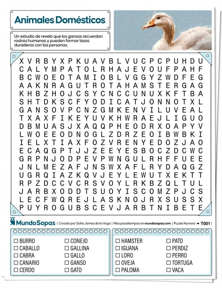 Sopa de Letras de Animales Domesticos