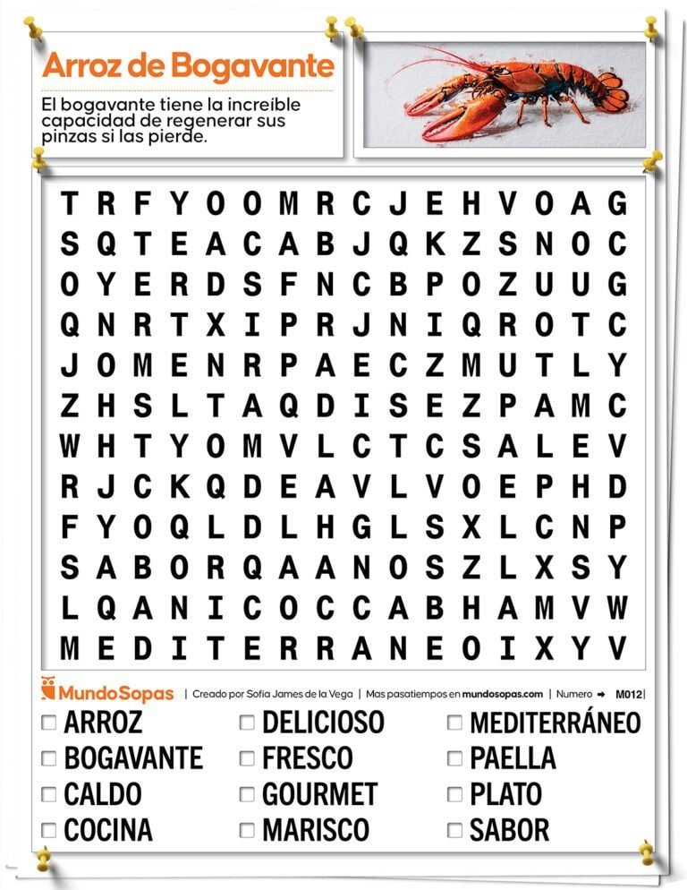 Sopa de Letras sobre arroz con bogavante para personas mayores
