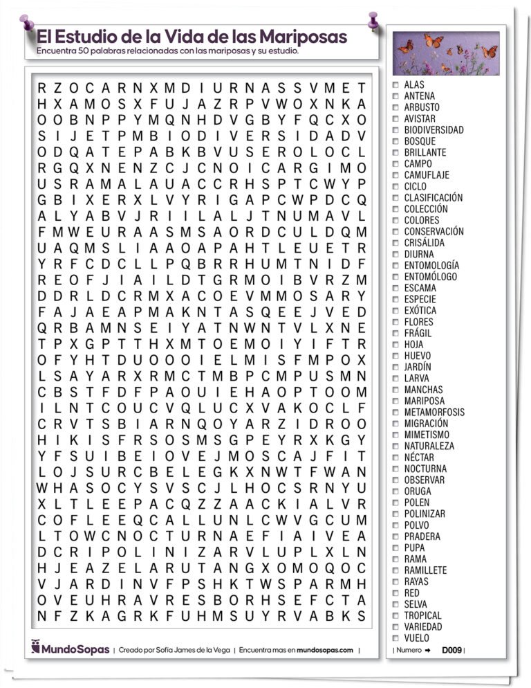 Sopa de Letras Dificil sobre el Estudio de las MAriposas