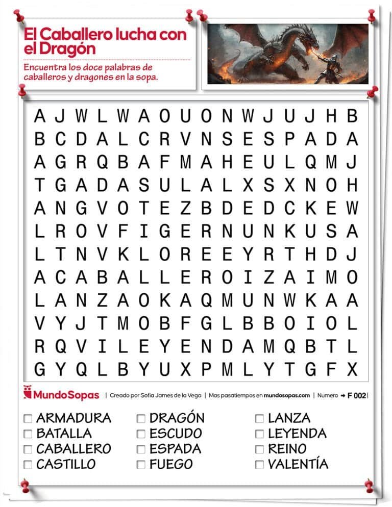 Sopa de Letras para Niños sobre caballeros y dragones para imprimir