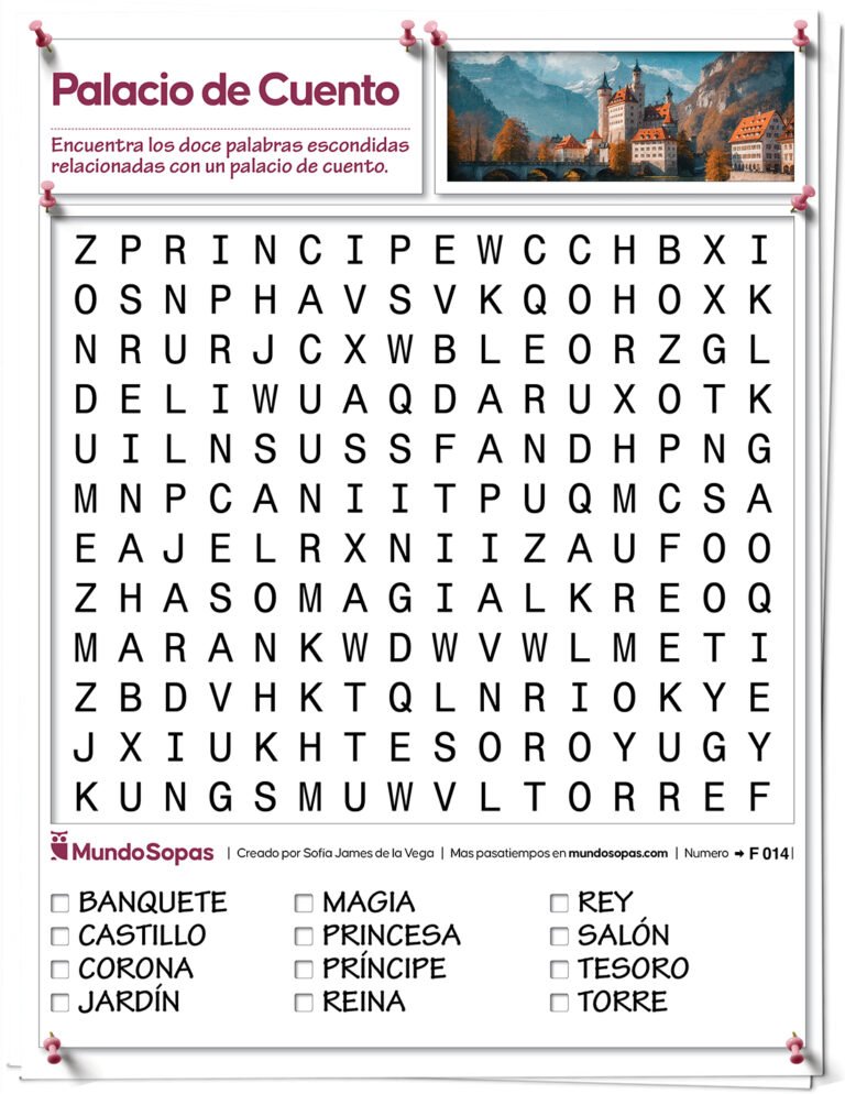 Sopa de Letras Facil con Tema Palacio de Cuento