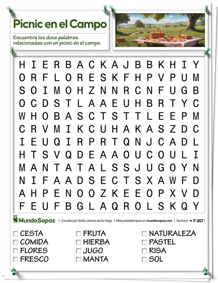 Sopa de Letras Facil para Imprimir Picnic en el Campo