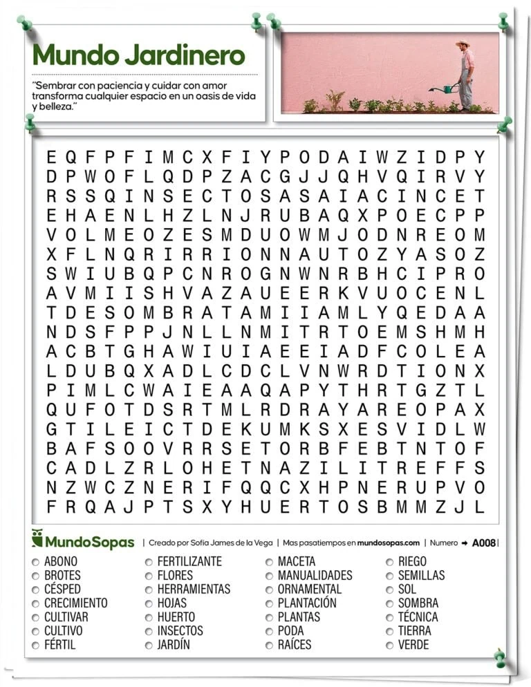 Sopa de Letras para adultos sobre el mundo de la jardineria. Incluye palabras como fertilizante, riego semillas o raices.