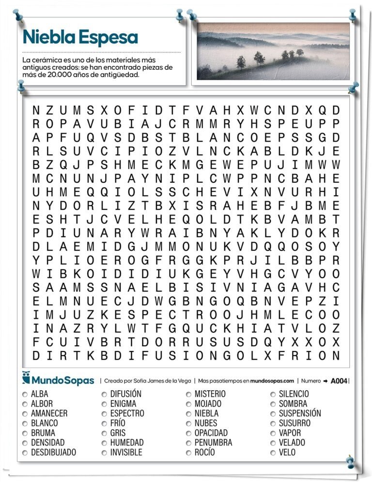 Sopa de Letras para Adultos sobre la Niebla Espesa gratis