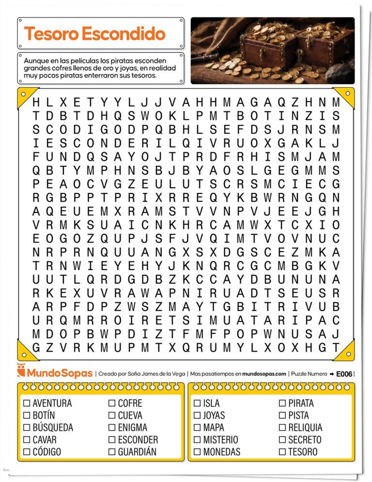 Sopa de Letras sobre Tesoros escondidos