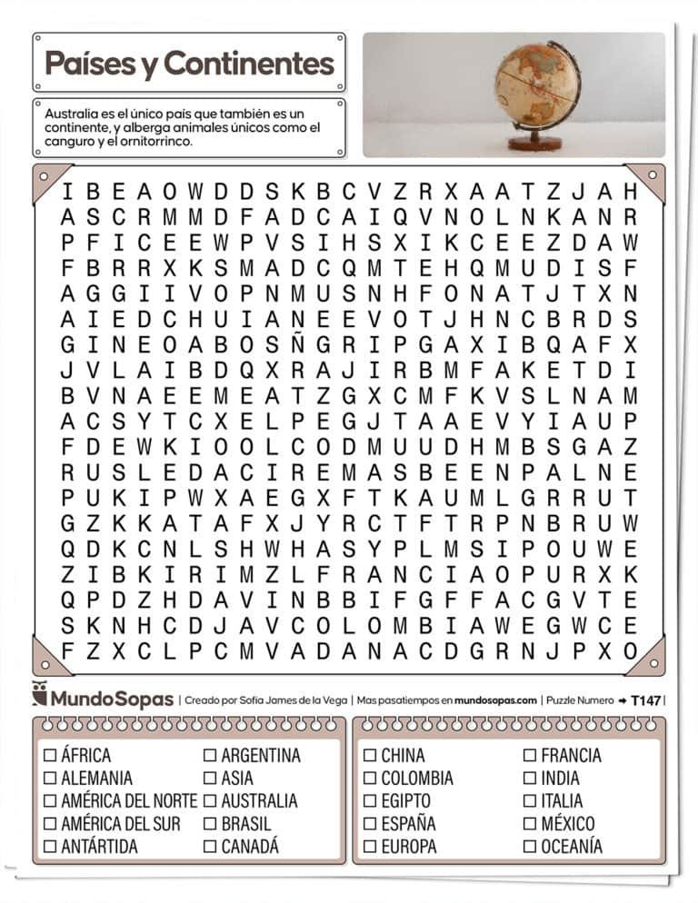 Sopa de Letras de Paises y Continentes