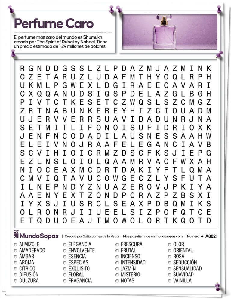 Sopa de Letras con tema de perfumes para adultos con 28 palabras para encontrar