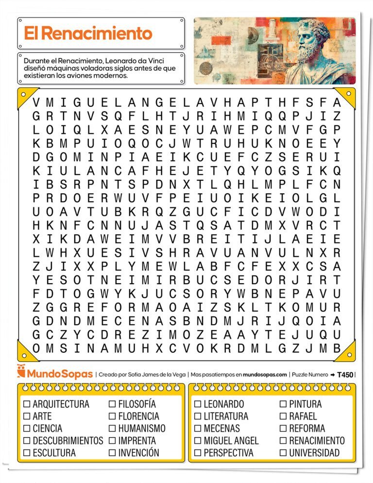 Sopa de Letras el Renacimiento para imprimir