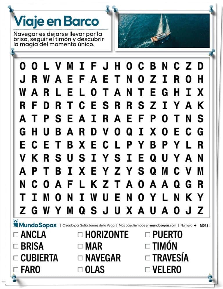 Sopa de Letras para Mayores sobre Viaje en Barco