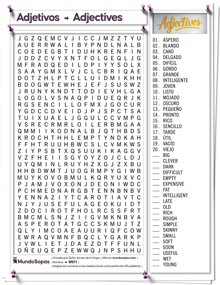 Sopa de Letras en Inglés de Adjetivos Gratis