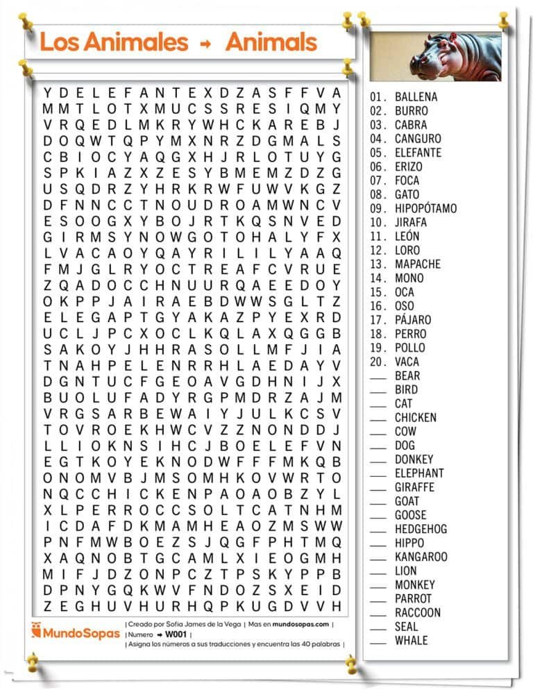 Sopa de Letras en Ingles de Animales