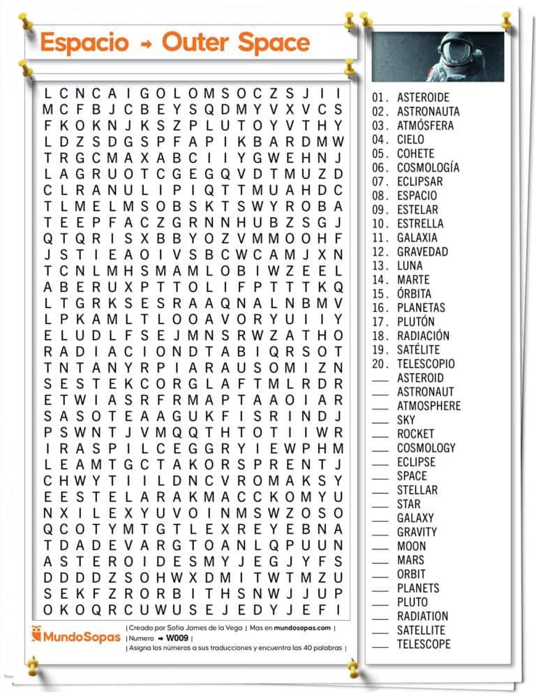 Sopa de Letras para Aprender Ingles del Espacio Exterior.