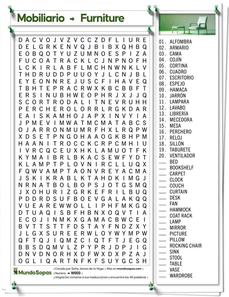 Sopa de Letras para aprender vocabulario en ingles sobre mobiliario.