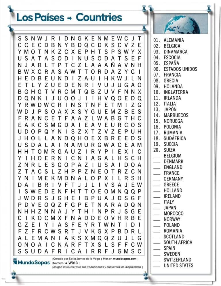 Sopa de Letras en ingles sobre paises. Incluye palabras como Francia, Escocia, España o Dinamarca