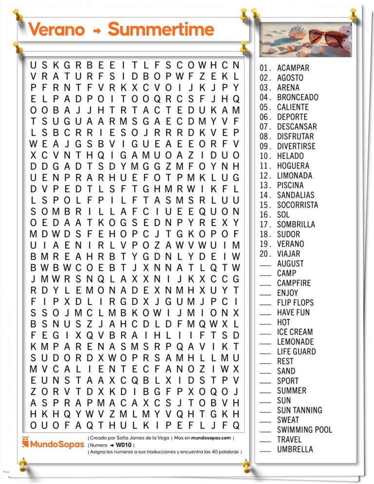Sopa de Letras del Verano en Inglés para Imprimir