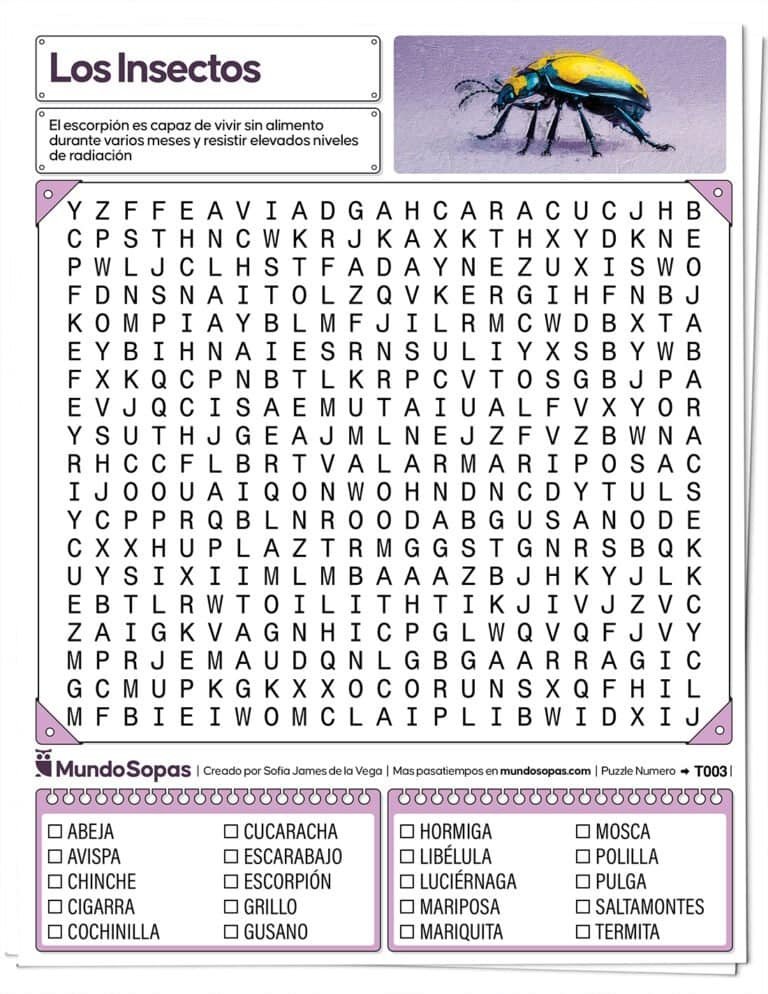 Sopa de Letras de Insectos para imprimir