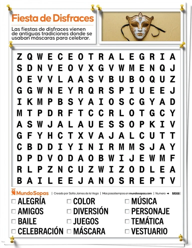 Sopa de Letras para personas mayores sobre una fiesta de disfraces para imprimir
