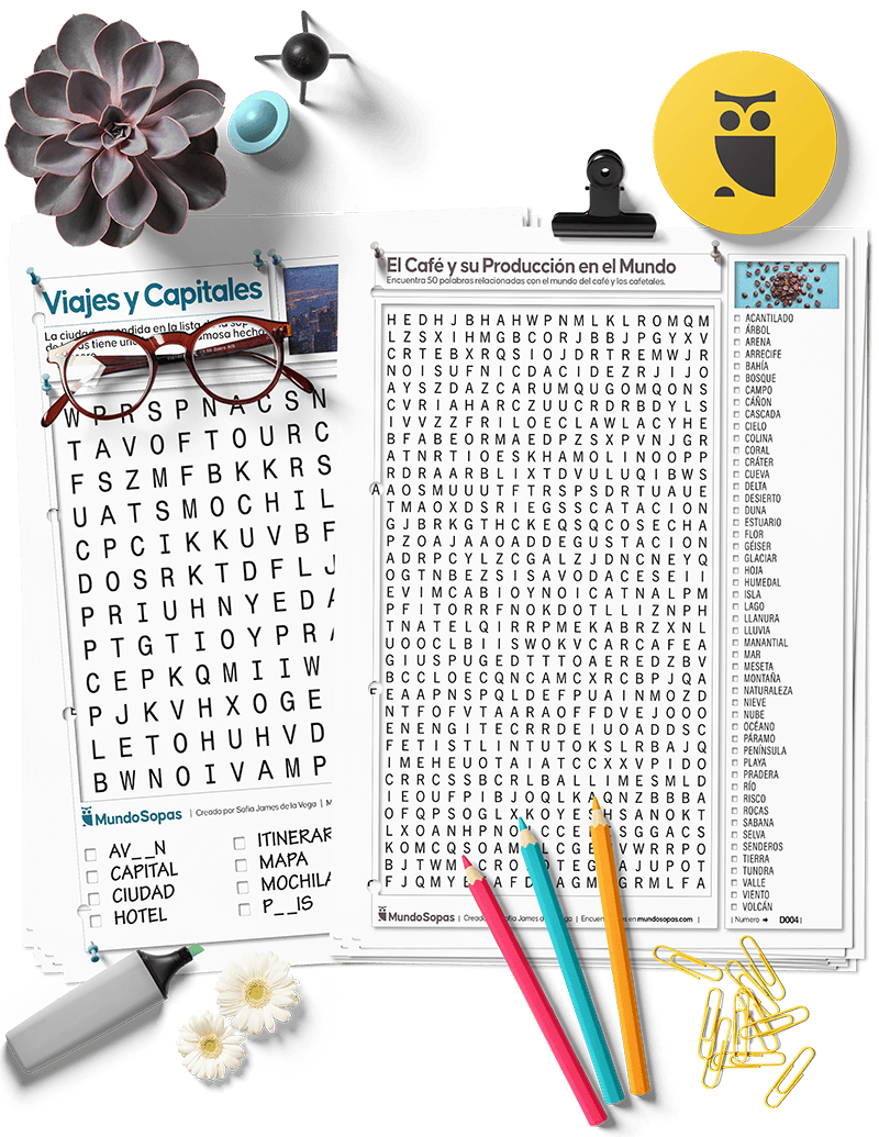 Sopa de Letras Impresas con Lapices sobre Mesa