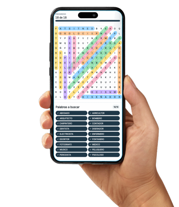 Mano sosteniendo telefono con sopa de letras online app