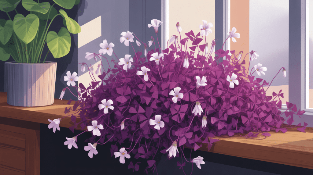 oxalis regnellii triangularis feuillage pourpre et fleurs dans un intérieur lumineux