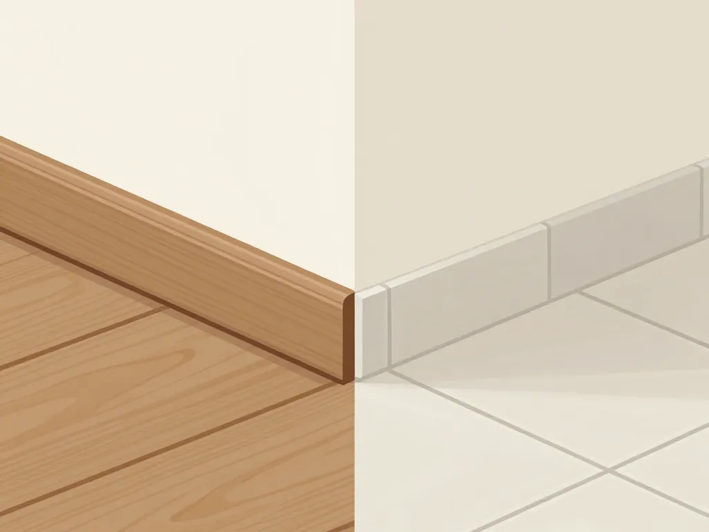 plinthe bois ou carrelage selon sol, schéma comparatif