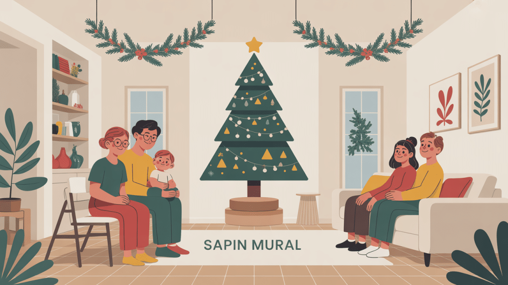 Illustration sapin mural moderne et cosy pour déco Noël