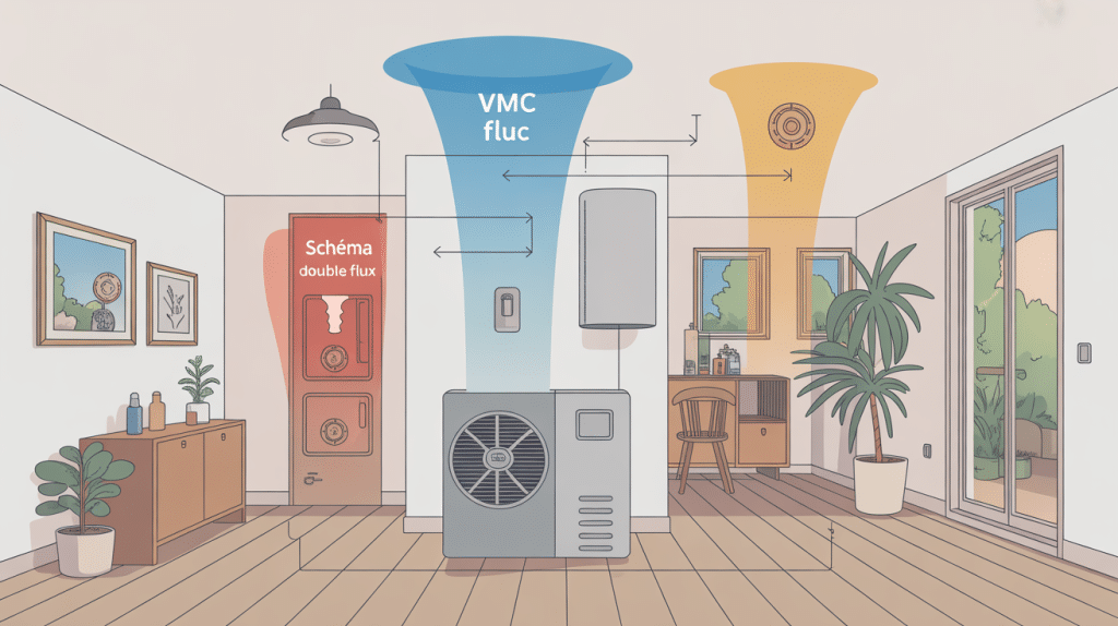 Schéma VMC double flux global dans une maison individuelle