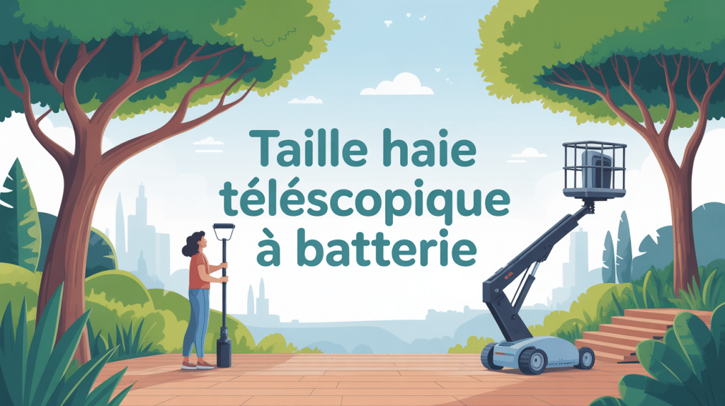 Illustration d'un taille haie télescopique à batterie utilisé dans un jardin
