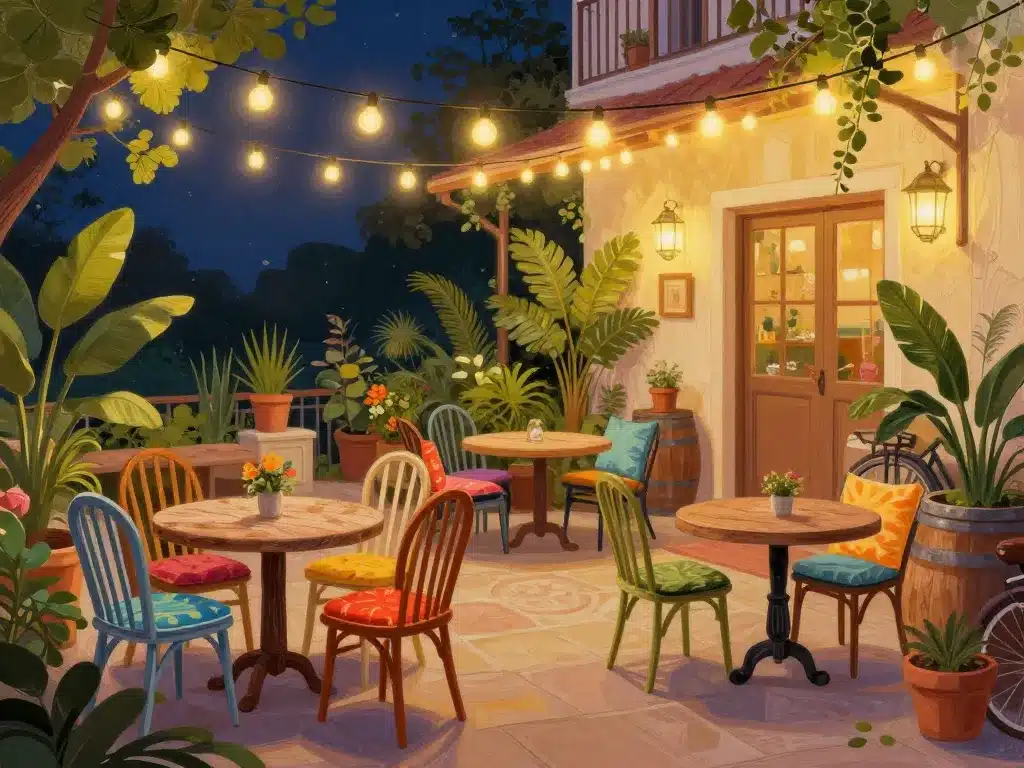 terrasse guinguette déco mobilier éclairage stratégique