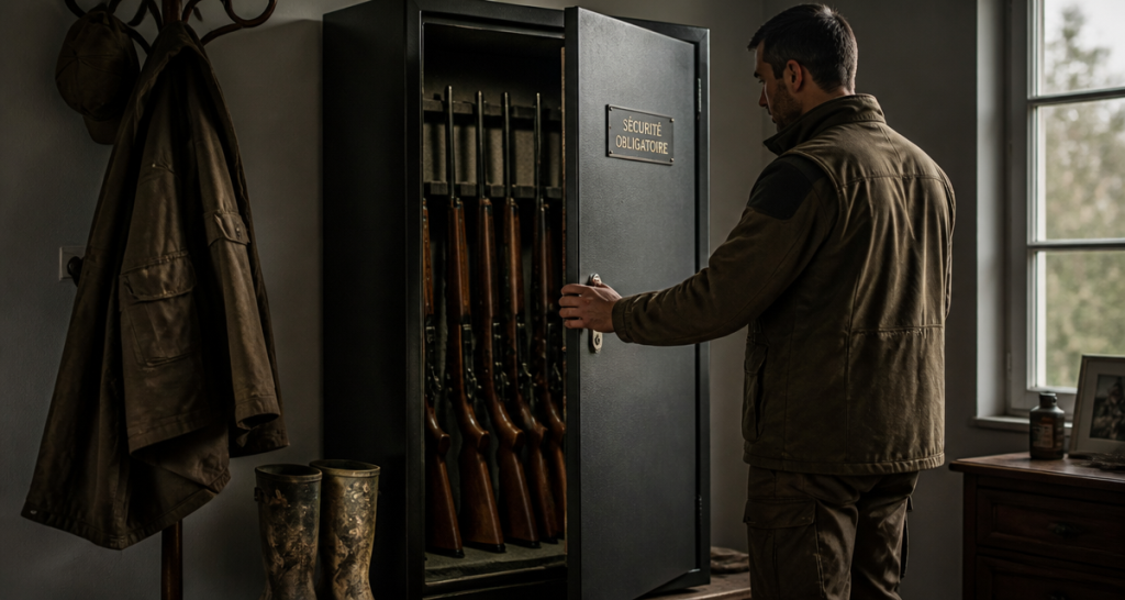 armoire à fusils sécurisée ouverte par chasseur