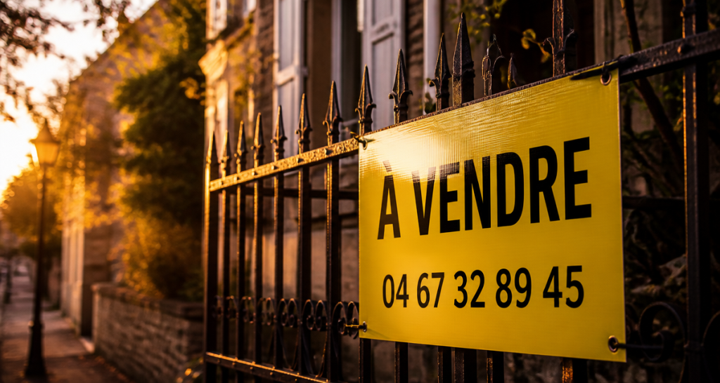 Panneaux agence immobilière Akilux sur grille devant maison