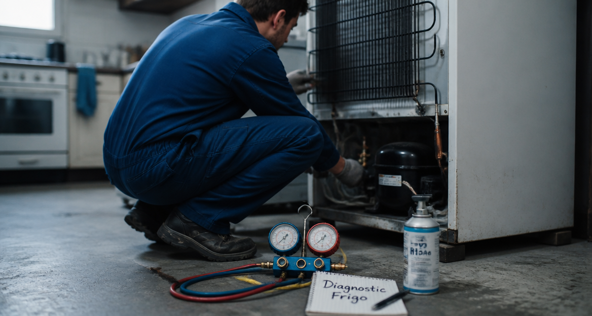 Recharge en gaz frigo, technicien avec manomètre et R134a