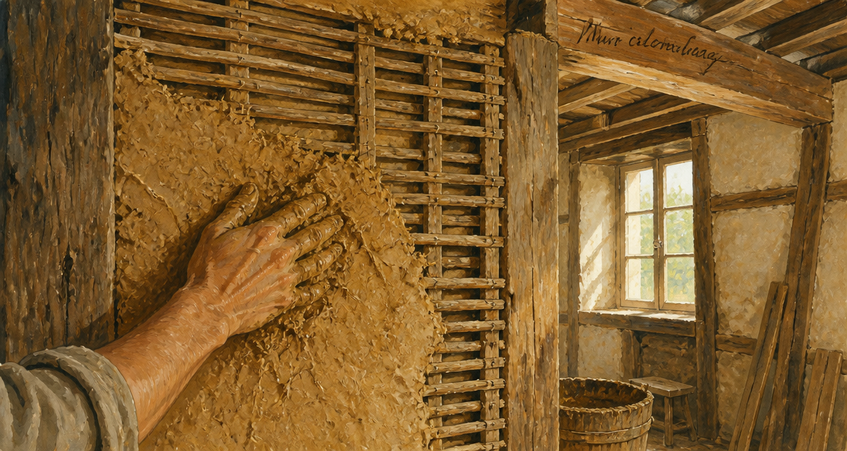 artisan rénovant mur colombage avec torchis