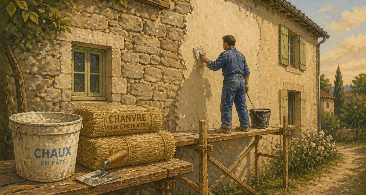 enduit chaux chanvre exterieur sur façade pierre