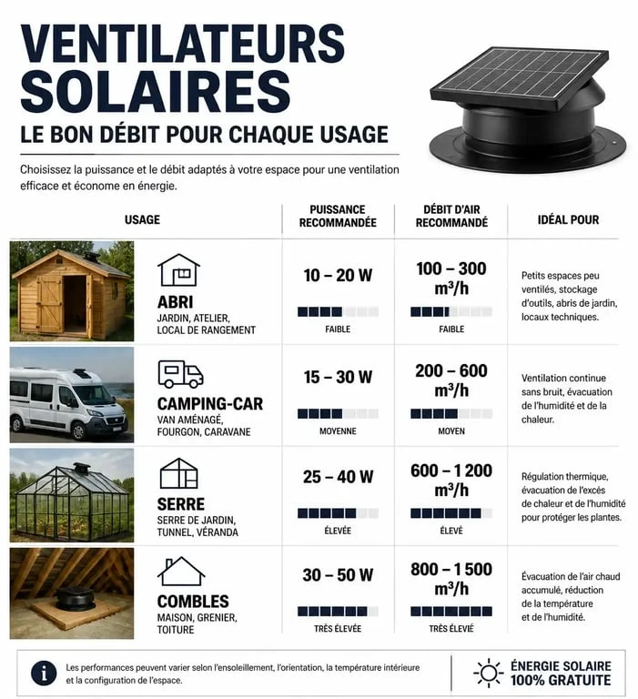 Infographie comparative des ventilateurs à panneau solaire selon l'usage et la puissance