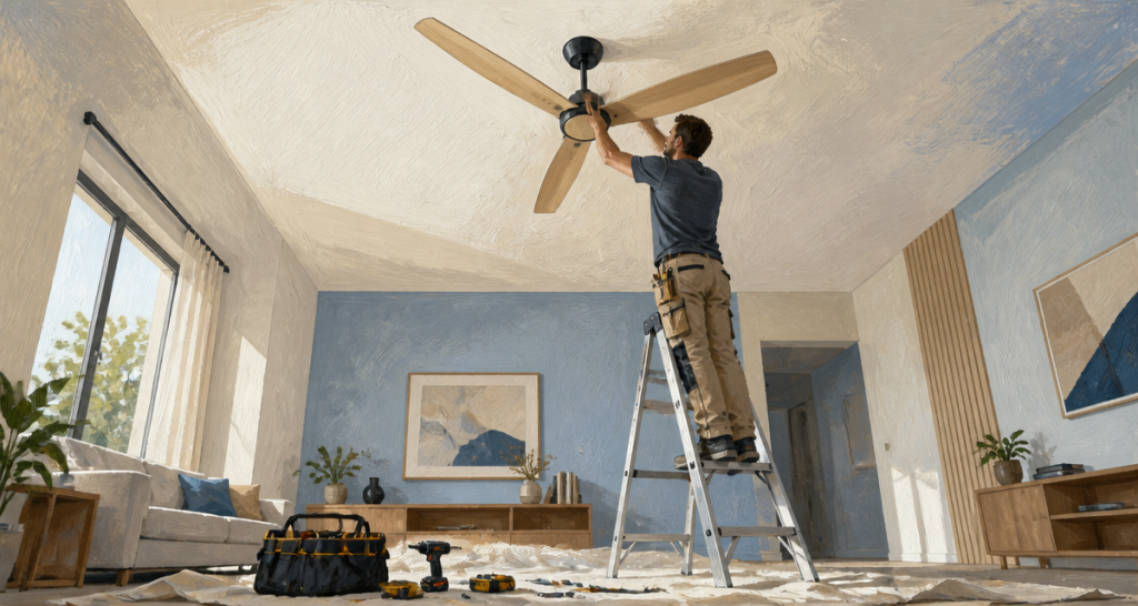 installer un ventilateur au plafond artisan salon