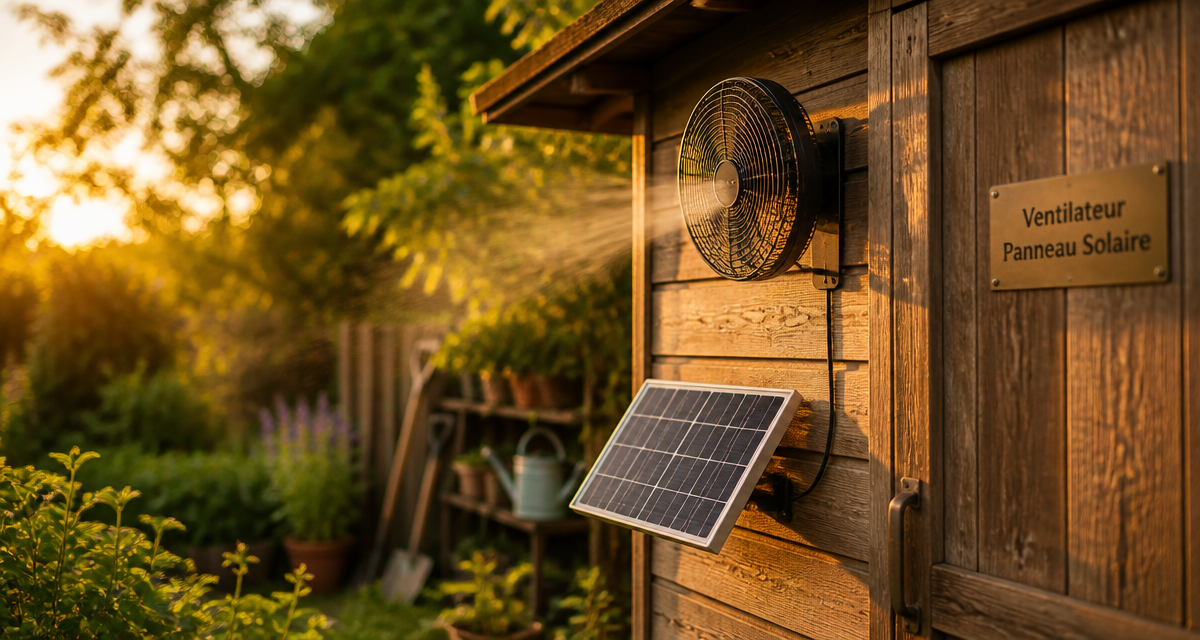 ventilateur panneau solaire installé sur abri de jardin