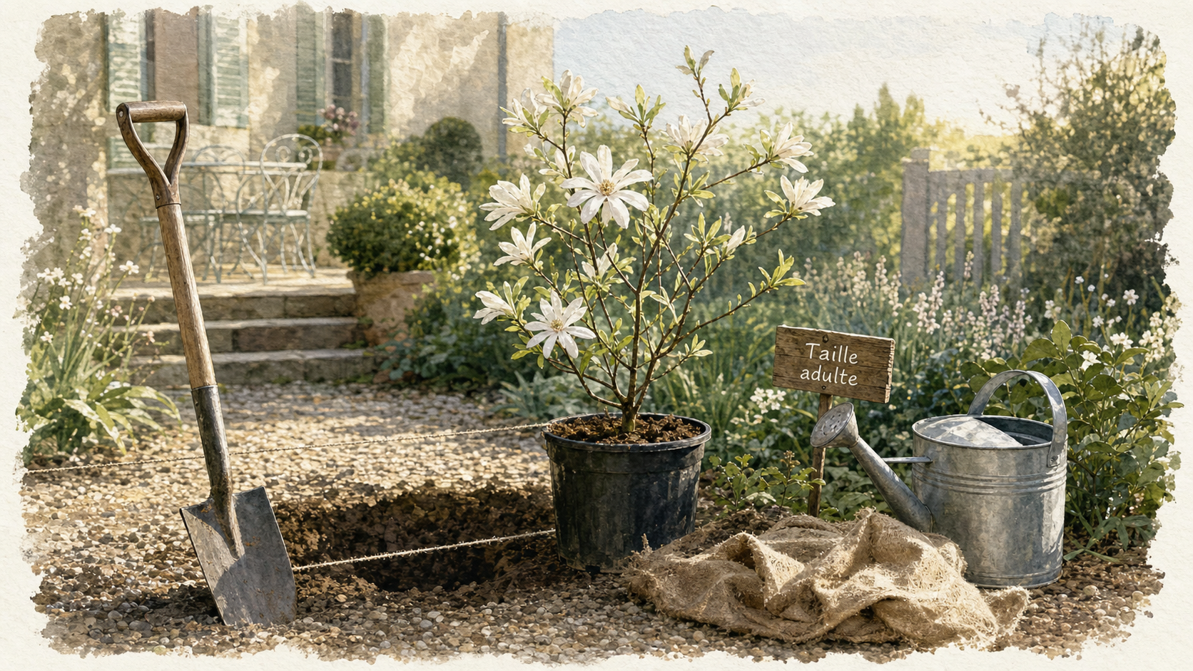 Arbre a planter : magnolia étoilé en conteneur au jardin, fleurs blanches